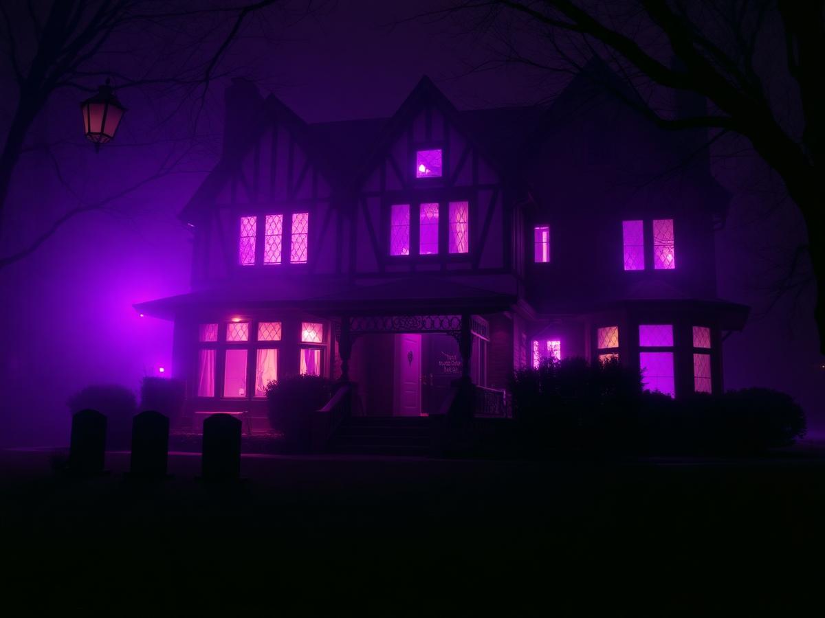 Purple-uplit Tudor home in fog with tombstones
