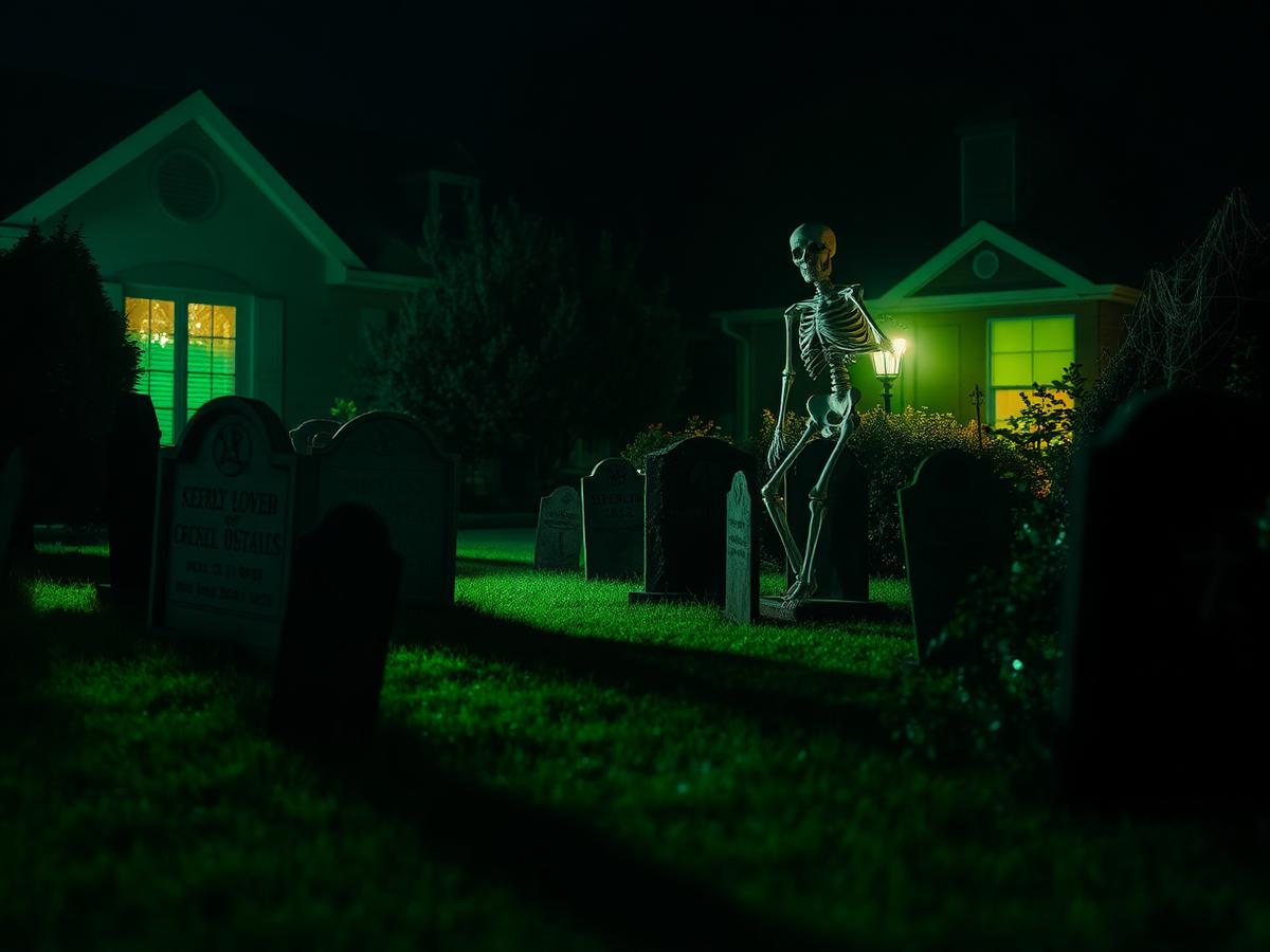 Classic graveyard with skeleton and green uplighting